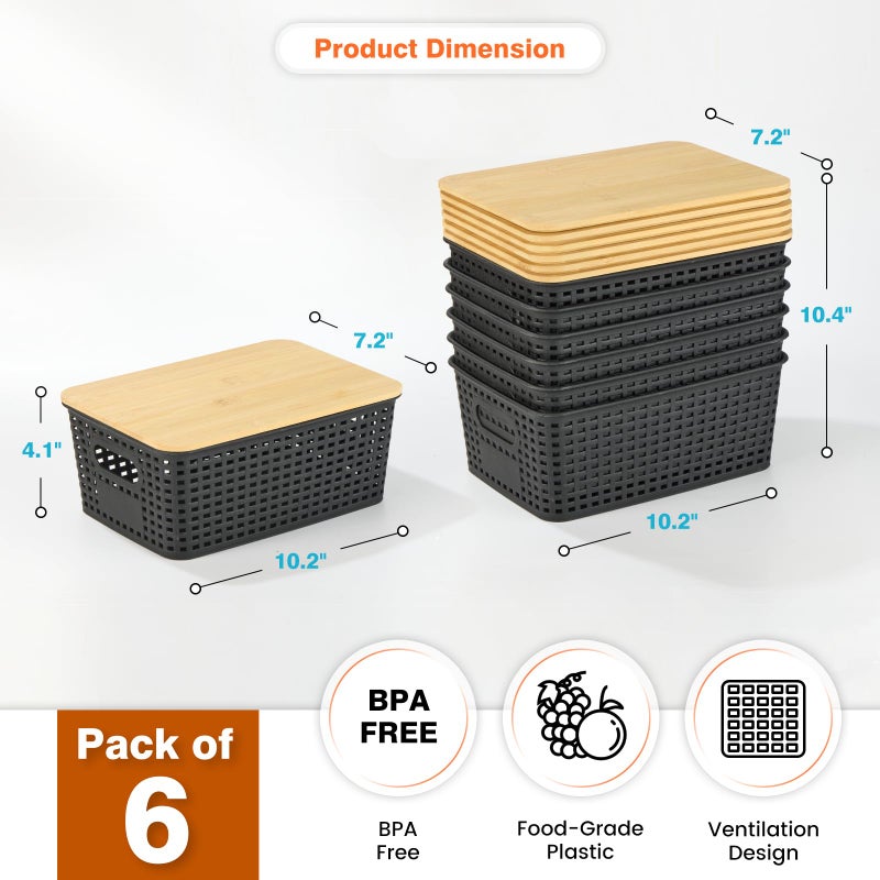 Ohmlove Plastic Storage Baskets With Bamboo Lid - Plastic Storage Containers Stackable Storage bins: Storage Baskets for Organizing Shelves Drawers Desktop Closet Playroom Classroom Office  6 Pack - Image 2